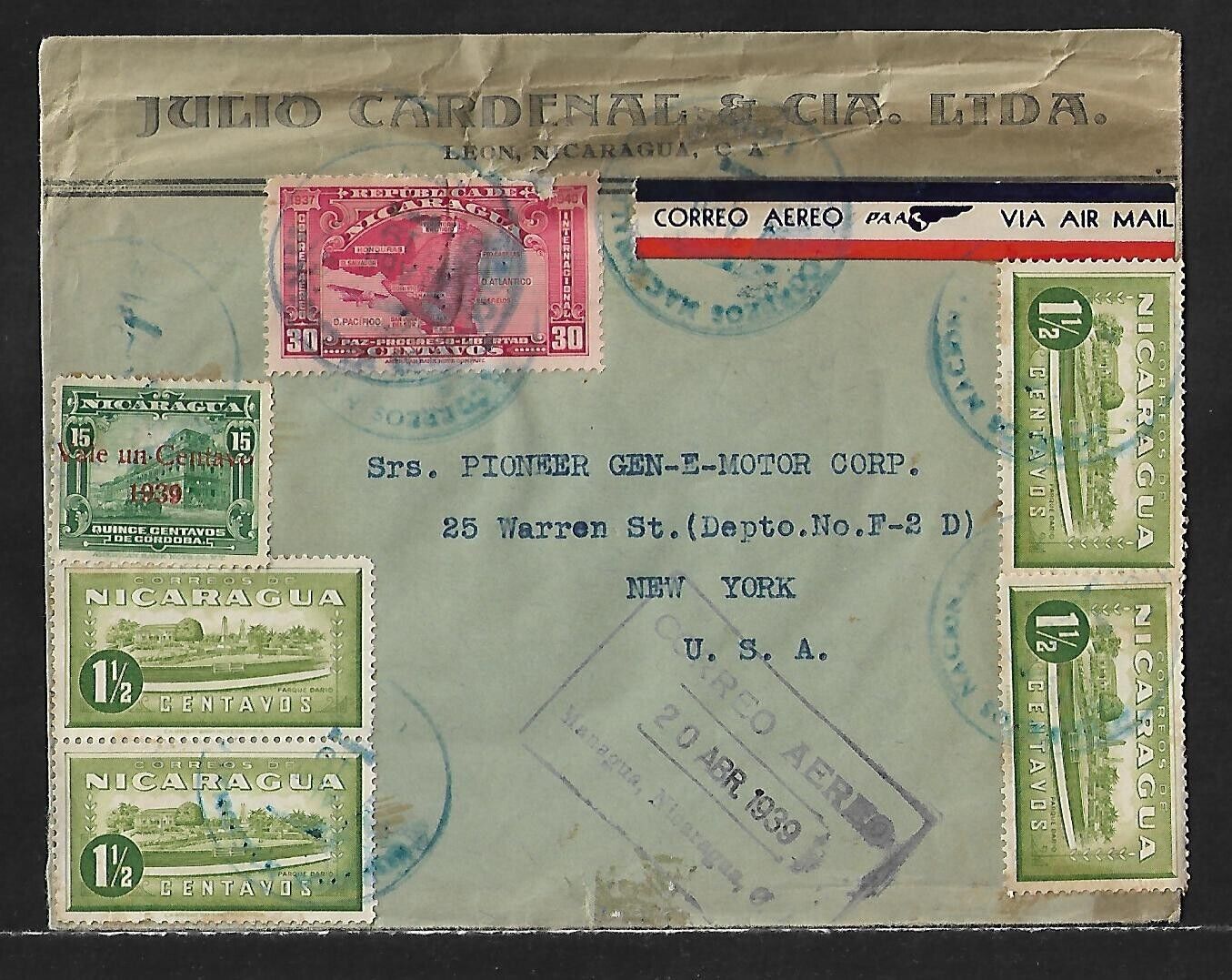 Nicaragua To Us Air Mail Multiple Franking Cover 1939