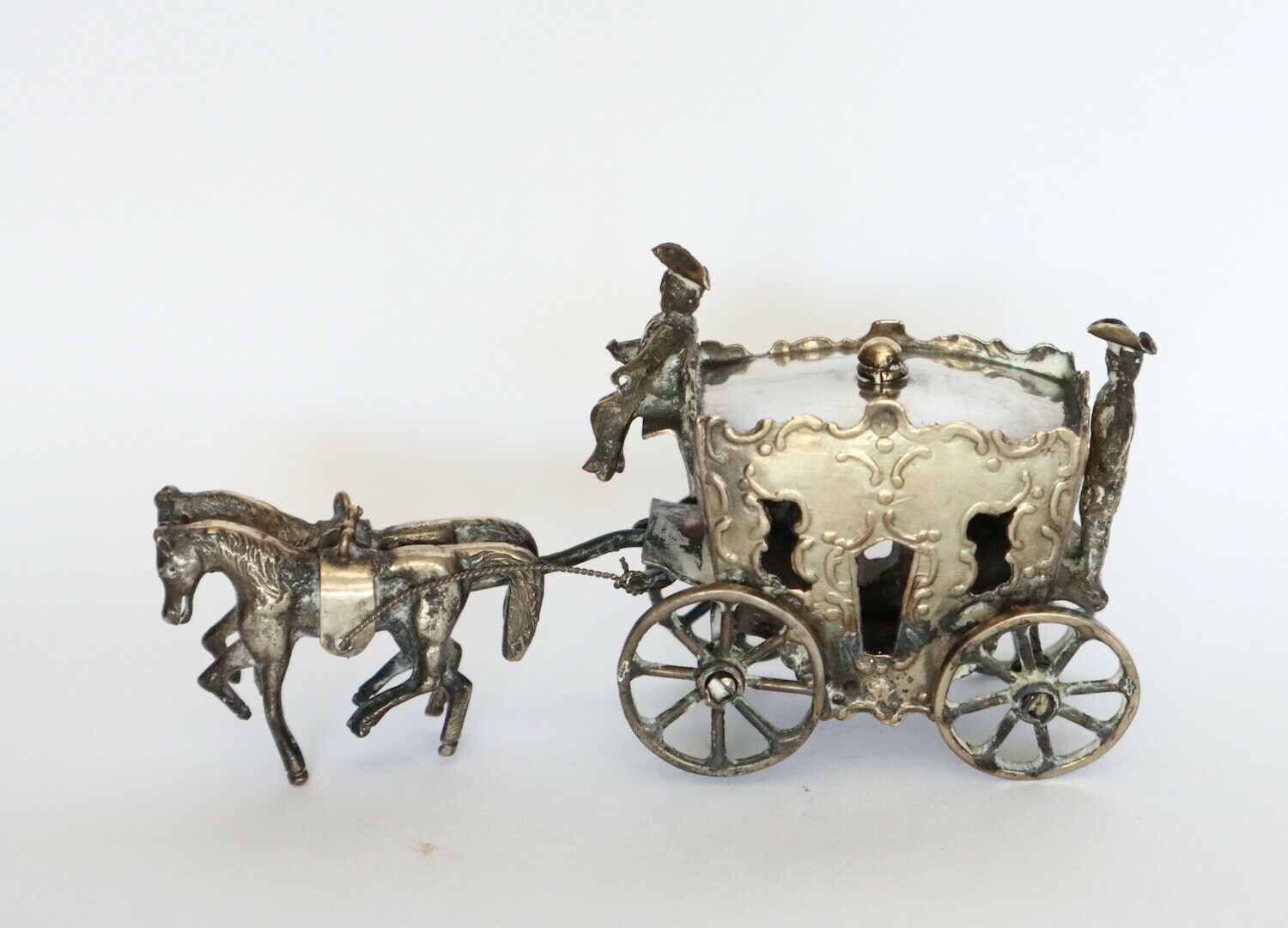19th C. Dutch Silver Miniature Of Carriage With Horses, Coachman And Guard Behin