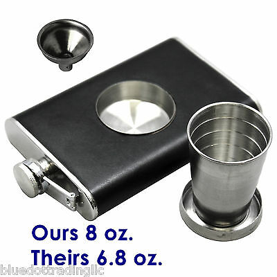 Leather Clad Stainless Steel Flask With Funnel & Built-in Collapsible Shot Glass