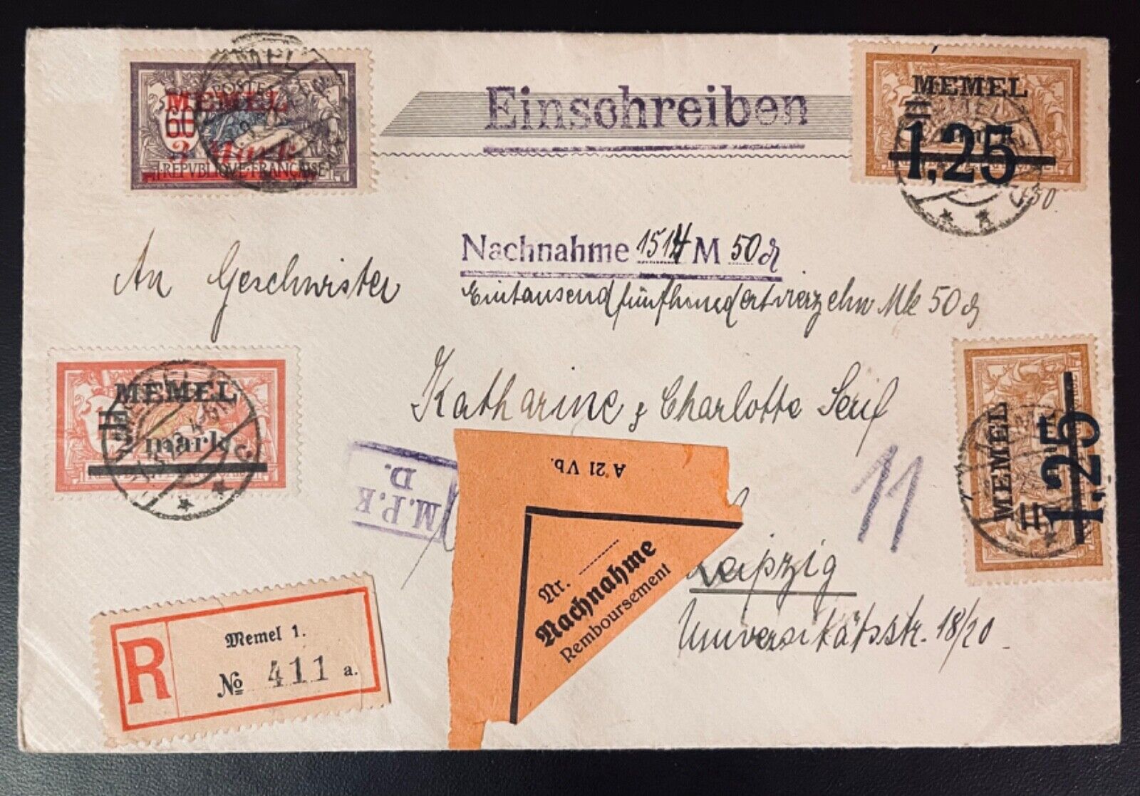 Memel 1922 Registered Cert To Leipzig