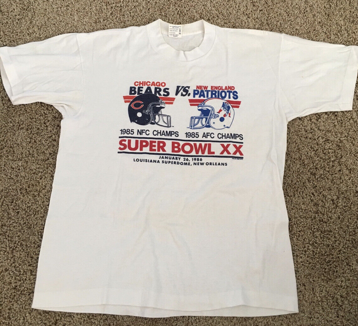 Vintage 1986 Super Bowl Xx Chicago Bears Ne Patriots T-shirt L Hef-t Tee Jays